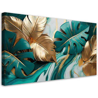 Leinwandbild, Monstera hinterlässt Gold-Türkis-Marmor - (80x40)