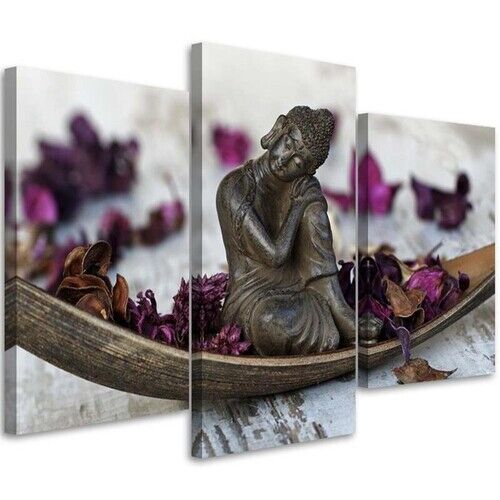 Dreiteiliges Wandbild, Buddha und lila ZEN-Blumen