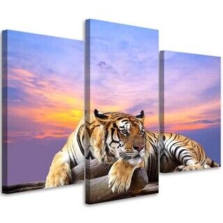 Dreiteiliges Wandbild, Tiger vor einem Sonnenuntergangshintergrund