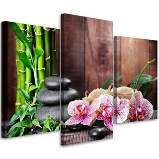 Dreiteiliges Wandbild, Orchidee Bambus und Steine