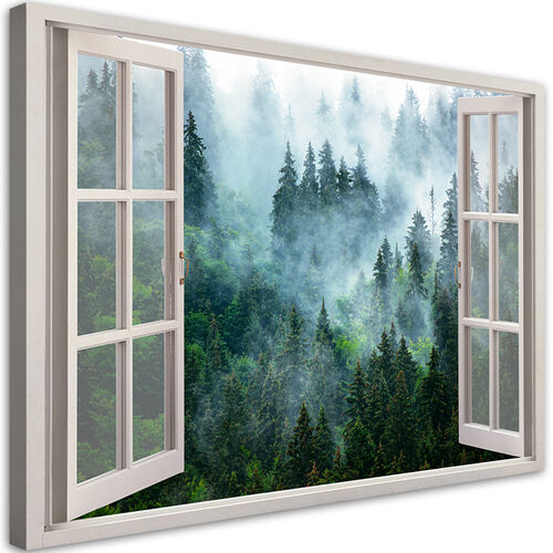 Wandbilder, Fenster Grüner Wald im Nebel Natur