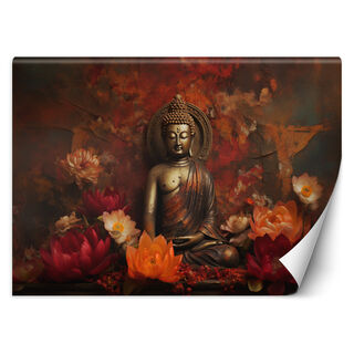 Tapete, Meditierender Buddha und bunte Blumen