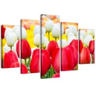 Fünfteilige Wandbilder, Weiße und rote Tulpen