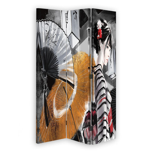 Raumteiler Beidseitig drehbar, Japan Geisha mit einem Fächer - (110x170)