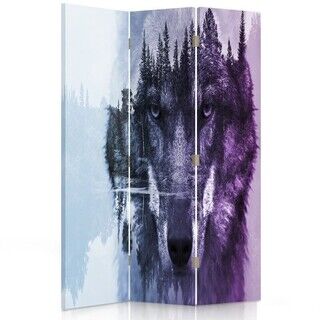 Raumteiler Beidseitig drehbar, Wolf im Hintergrund eines Waldes in Lila - (110x170)