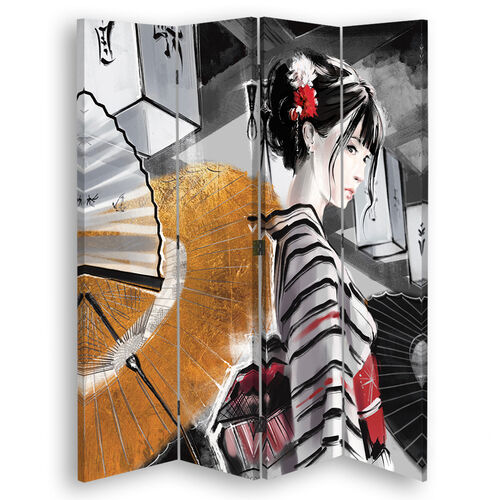 Raumteiler Beidseitig drehbar, Japan Geisha mit einem Fächer - (145x170)
