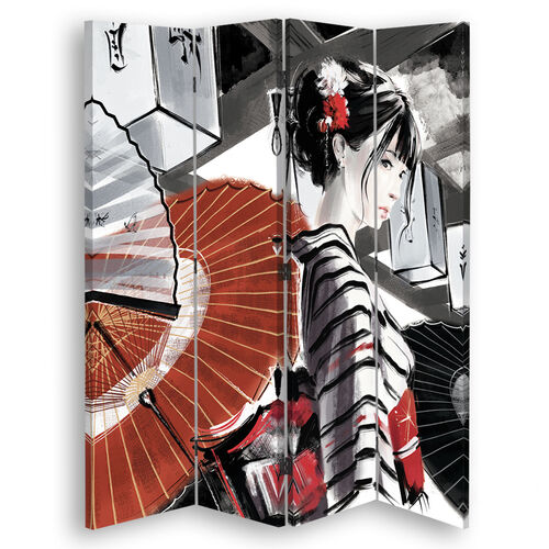 Raumteiler Beidseitig drehbar, Japan Geisha mit einem Fächer - (145x170)