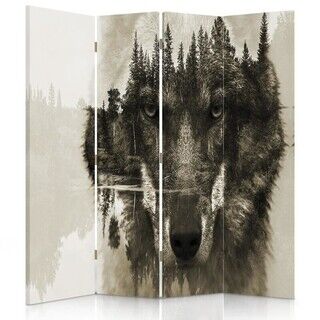 Raumteiler Beidseitig drehbar, Wolf vor einem Hintergrund eines Waldes in Braun - (145x170)