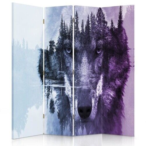 Raumteiler Beidseitig drehbar, Violetter Wolf vor einem Waldhintergrund - (145x170)