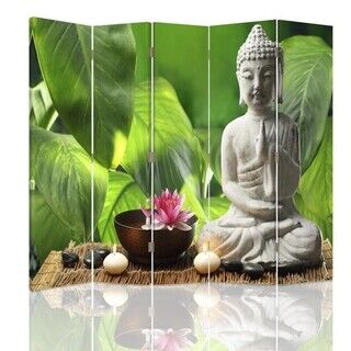 Raumteiler Beidseitig drehbar, Buddha auf einem Hintergrund von Blättern - (180x170)