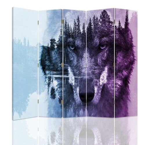 Raumteiler Beidseitig drehbar, Violetter Wolf auf einem Hintergrund eines Waldes - (180x170)