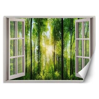 Tapete, Fensterausblick Sonnenstrahlen im Wald