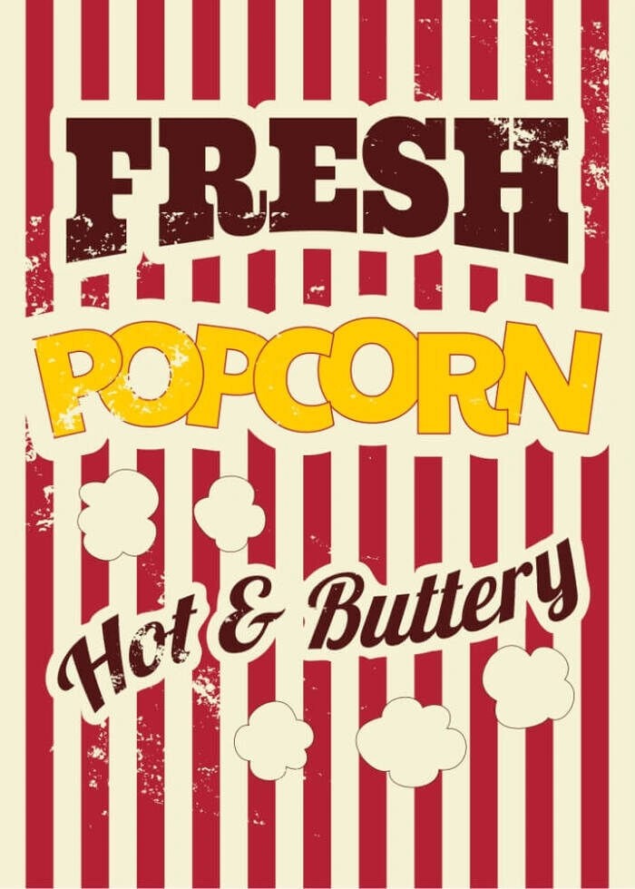 Poster mit Retro-Text. Frisches Popcorn. Heiß und butterartig