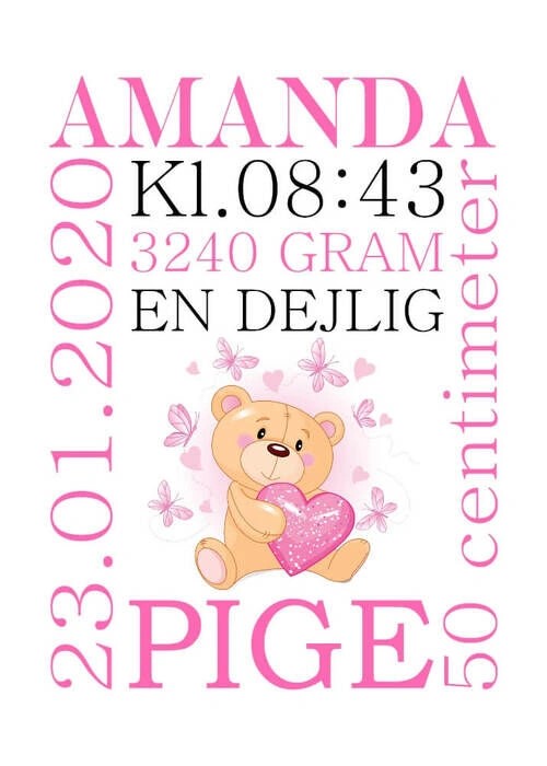Geburtsposter mit Teddybär für Mädchen