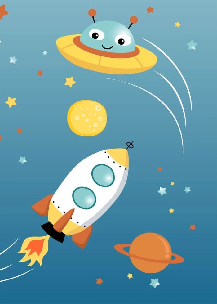 Kinderposter mit Weltraumrakete, UFO und fernen Planeten