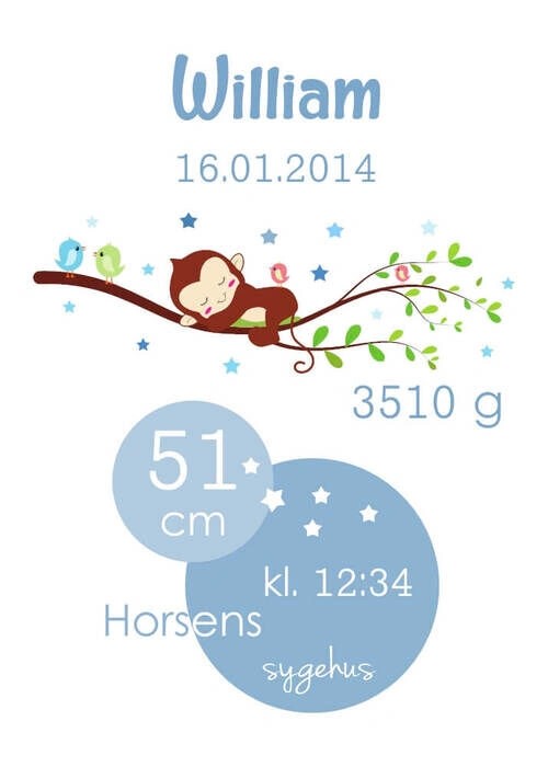 Kinderposter - Geburtshoroskop mit Affen für Jungen