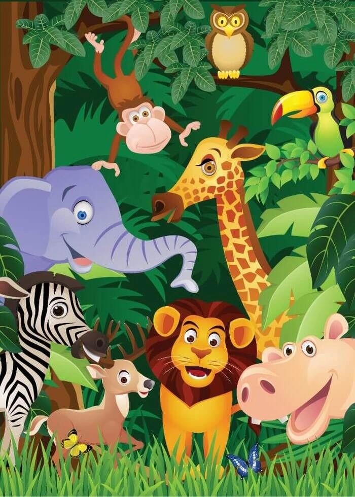 Kinderposter mit Dschungeltieren wie Giraffe, Elefant, Löwe, Zebraaffe und vielem mehr