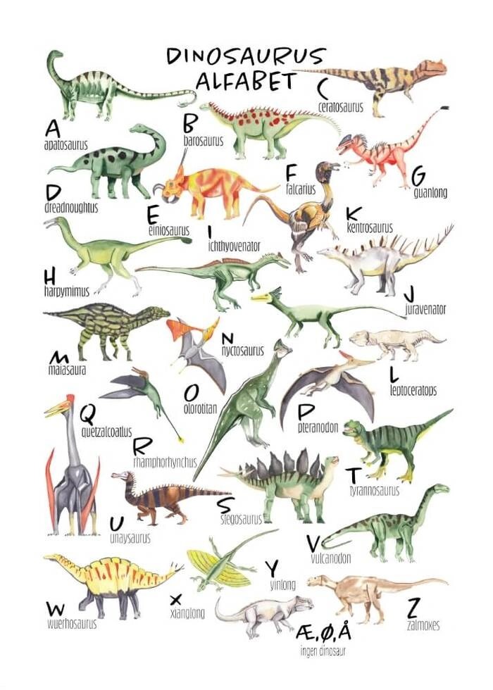 Poster mit Dinosaurier-Alphabet. Bilder aller Dinosaurier und des gesamten Alphabets