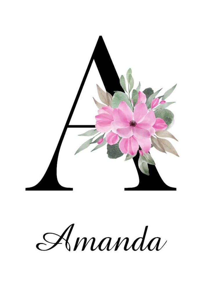 Ein großes, schwarzes "A" mit rosa Blume und grünen Blättern. Darunter steht in eleganter Schrift "Amanda".