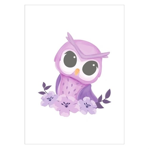 Poster für das Kinderzimmer mit einer Eule und einem Blumenkranz in Lila-Tönen