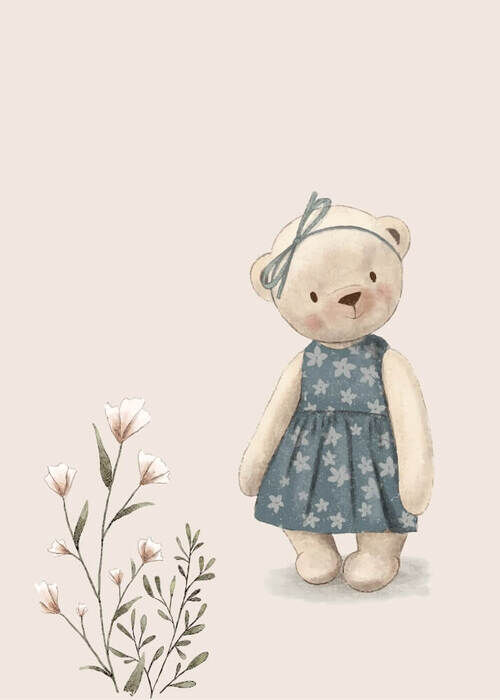 Poster süßer Teddybär in Kleid und Blumen