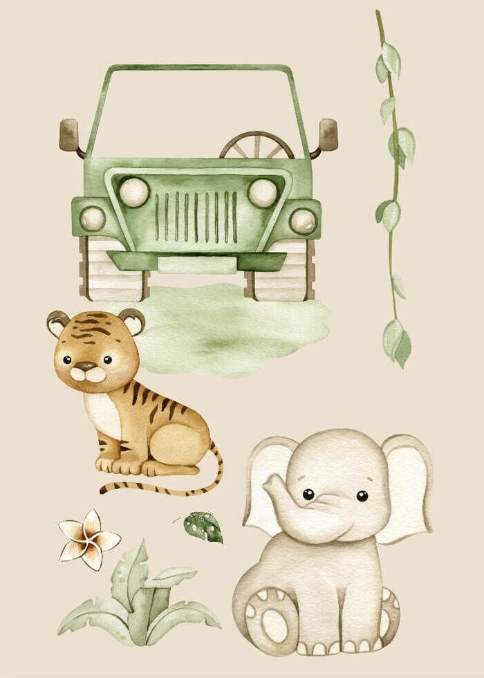 Kinderposter mit Safariauto, Elefant und Tiger