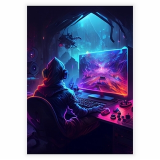 Poster Gamer, der am PC spielt und Computerspielillustration