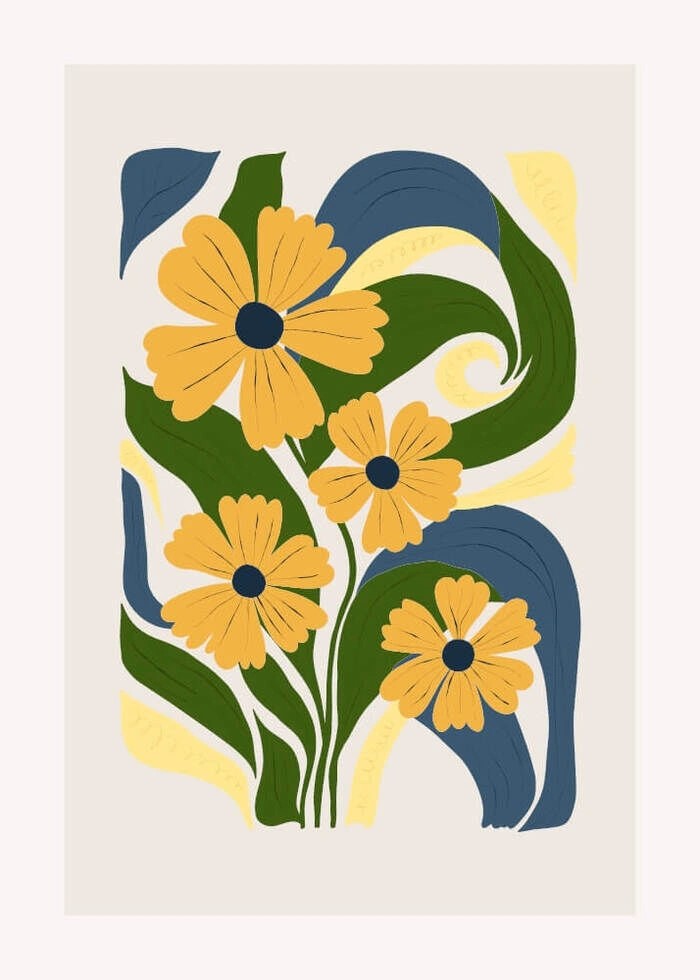 Wunderschöne abstrakte Blumen in Gelb und Blau als Poster