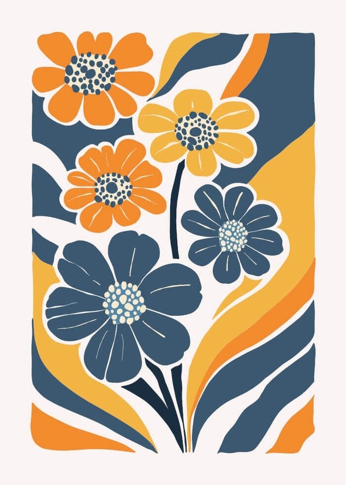 Wunderschöne abstrakte Blumen in Orange- und Blautönen als Poster