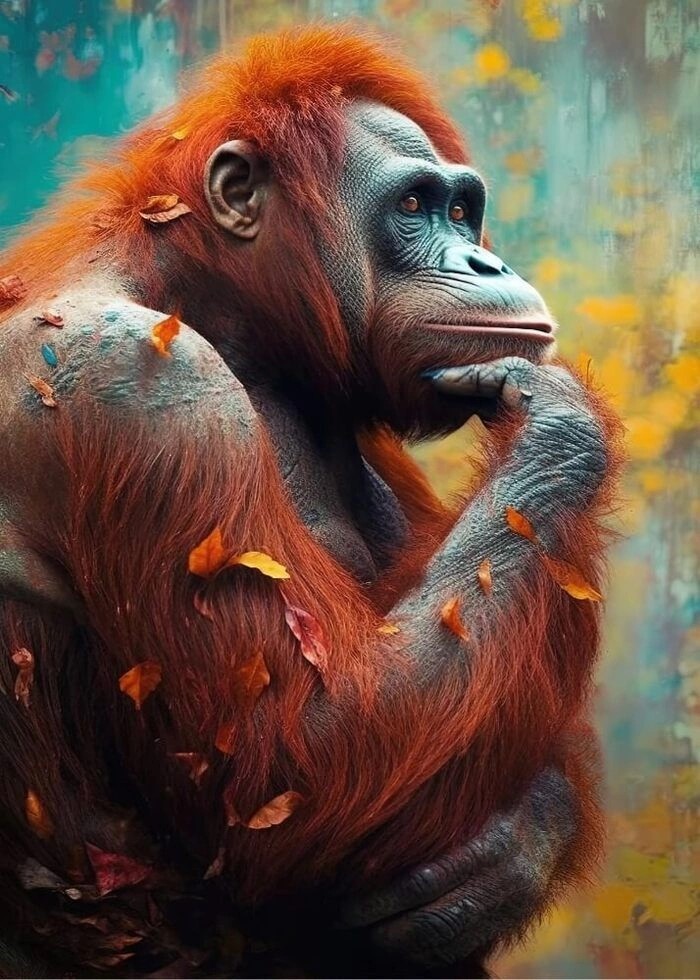 Ein Orang-Utan mit einem Baum im Hintergrund als Poster