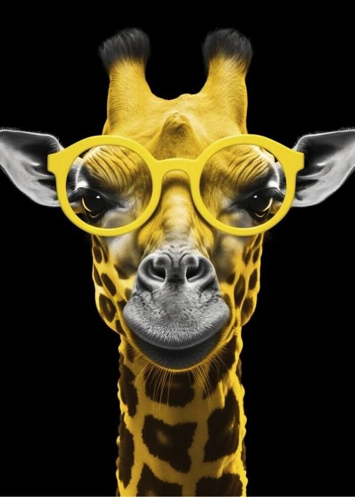 Giraffe mit gelber Brille auf schwarzem Hintergrund als Poster