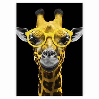 Giraffe mit gelber Brille auf schwarzem Hintergrund als Poster