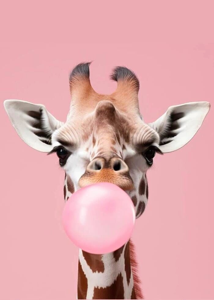 Giraffe mit Kaugummi auf rosa Hintergrund als Poster