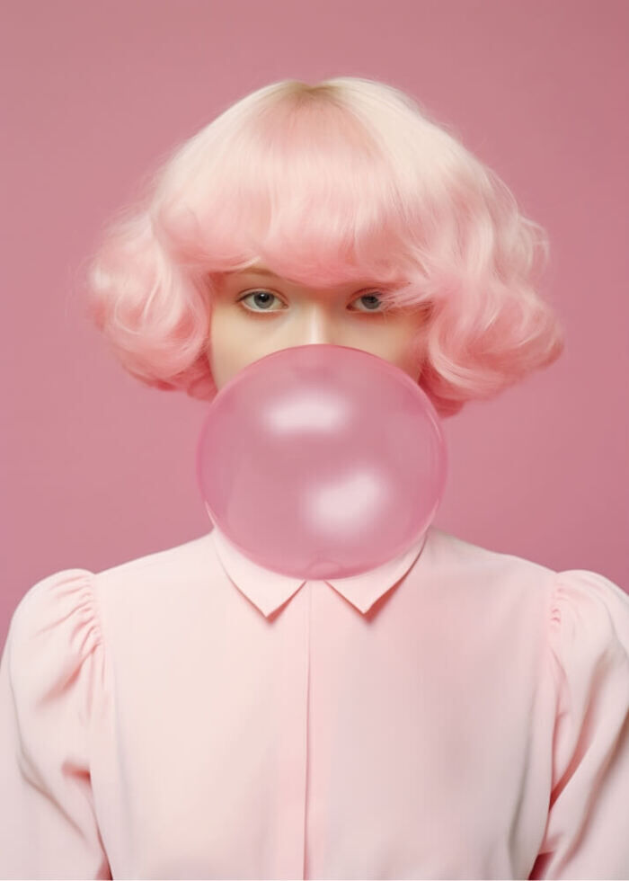 Frau mit Kaugummi auf rosa Hintergrund als Poster