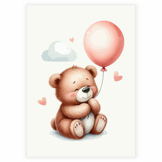 Brauner Teddybär mit rosa Luftballon auf beigem Hintergrund - Poster