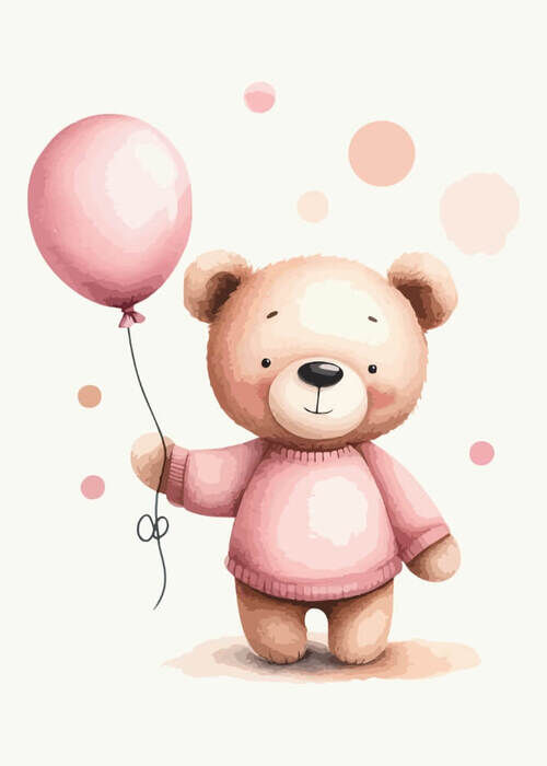 Teddybär mit rosa Ballon und Punkten - Poster