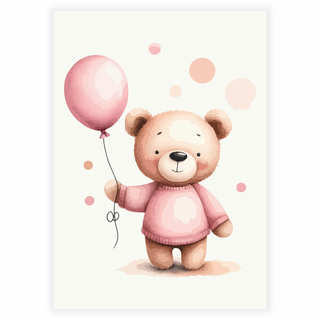 Teddybär mit rosa Luftballon und Punkten auf beigem Hintergrund - Poster