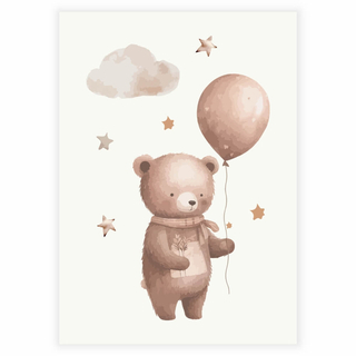 Brauner Björn mit Luftballon und Wolke auf beigem Hintergrund - Poster
