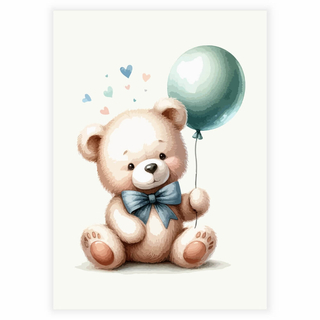 Teddybär mit grünem Luftballon auf beigem Hintergrund - Poster