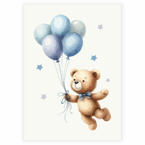 Hellblaue fliegende Luftballons mit Teddybär auf beigem Hintergrund - Poster