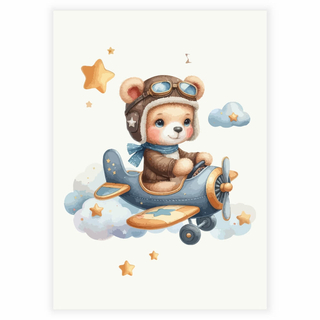Teddybär der Pilot mit Wolke und Stern auf beigem Hintergrund - Poster