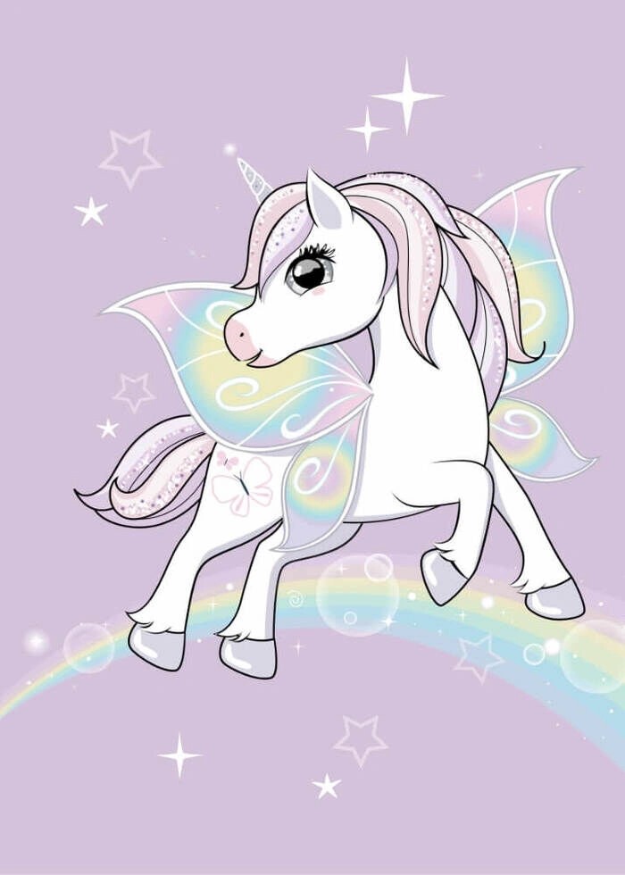 Süßes kleines Einhorn mit Regenbogen auf lila Hintergrund als Poster