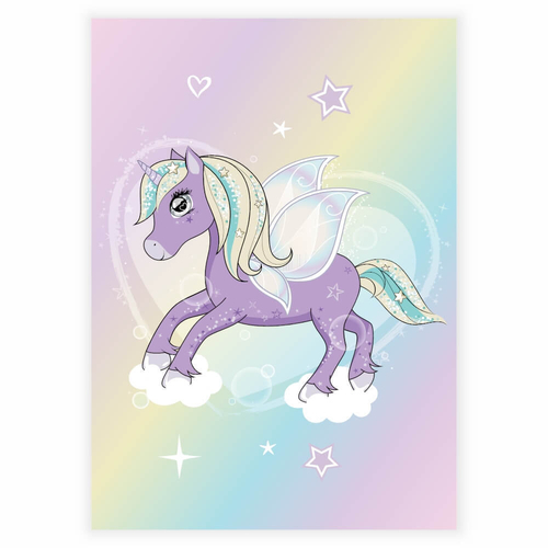 Niedliches kleines Einhorn mit Flügeln auf regenbogenfarbenem Hintergrund als Poster