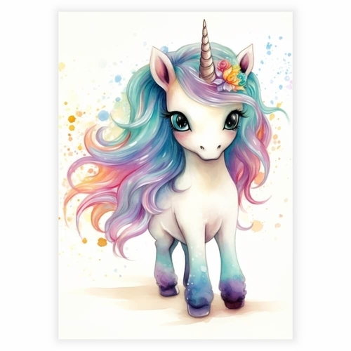 Poster mit einem wunderschönen Einhorn in allen Farben des Regenbogens