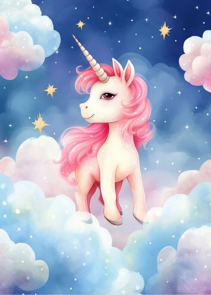 Poster mit einem magischen Einhorn am Himmel zwischen Wolken und Sternen