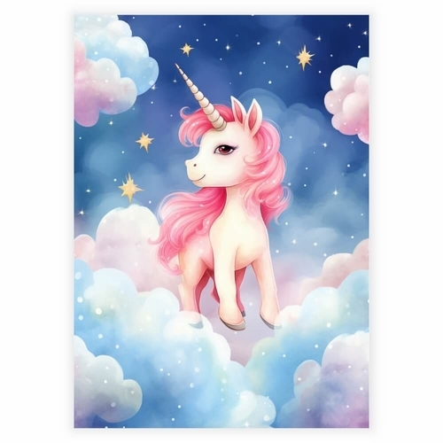 Poster mit einem magischen Einhorn am Himmel zwischen Wolken und Sternen