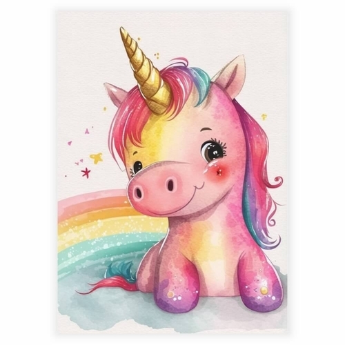 Poster mit einem niedlichen Einhorn in der Farbe Rosa mit Regenbogen