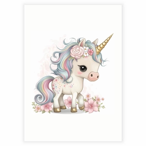 Poster mit dem entzückendsten kleinen Einhorn mit goldenen Hörnern und Blumen