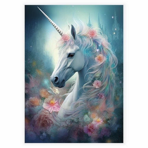 Poster mit einem Märchen-Einhorn mit Blumen und Schloss