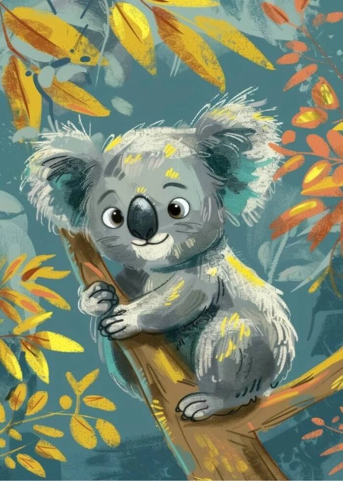 Kinderposter mit einem Koala auf einem Lianenzweig mit gelben Blättern